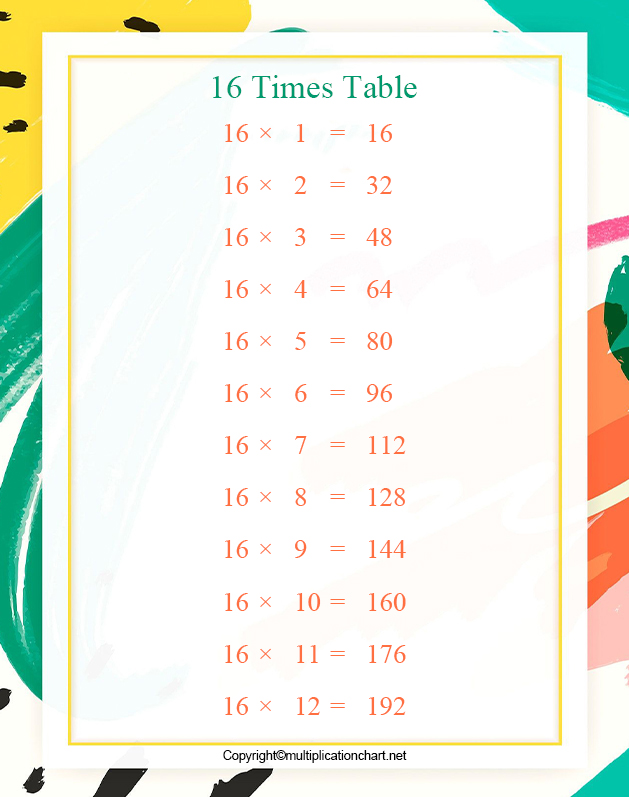 Printable 16 Times Table