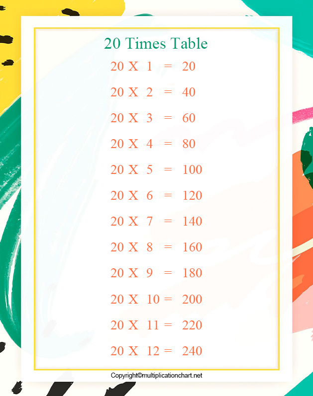 Printable 20 Times Table